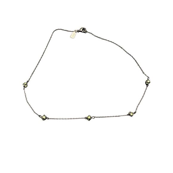 1928 Signed Gunmetal Colored Dainty Necklace With green Rhinestone Stations - Picture 6 of 8